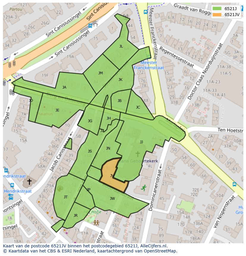 Afbeelding van het postcodegebied 6521 JV op de kaart.