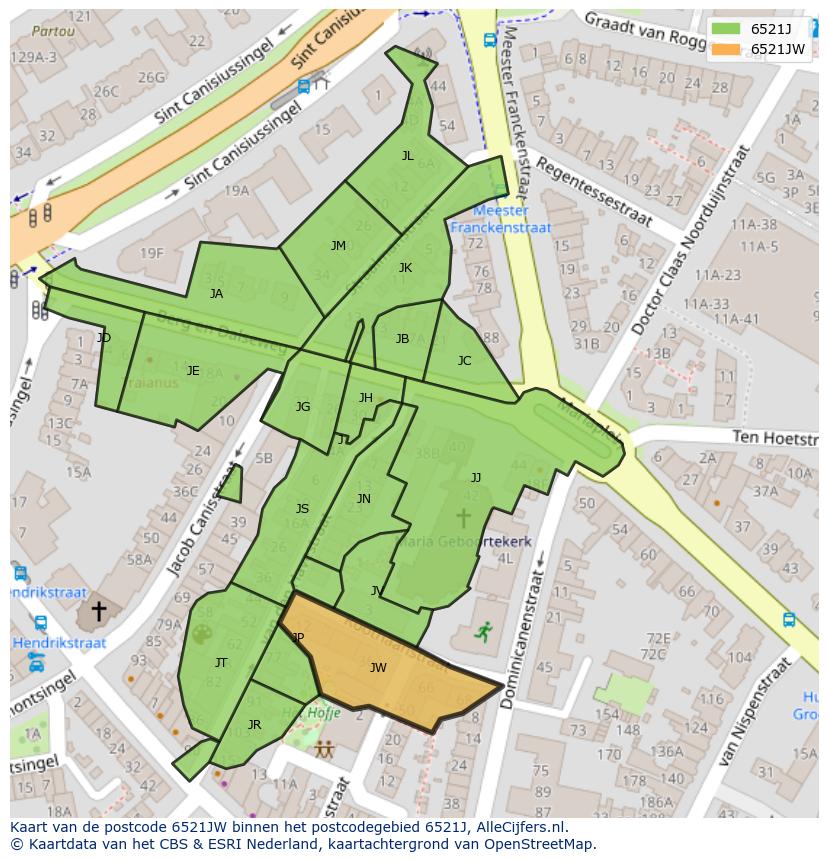 Afbeelding van het postcodegebied 6521 JW op de kaart.