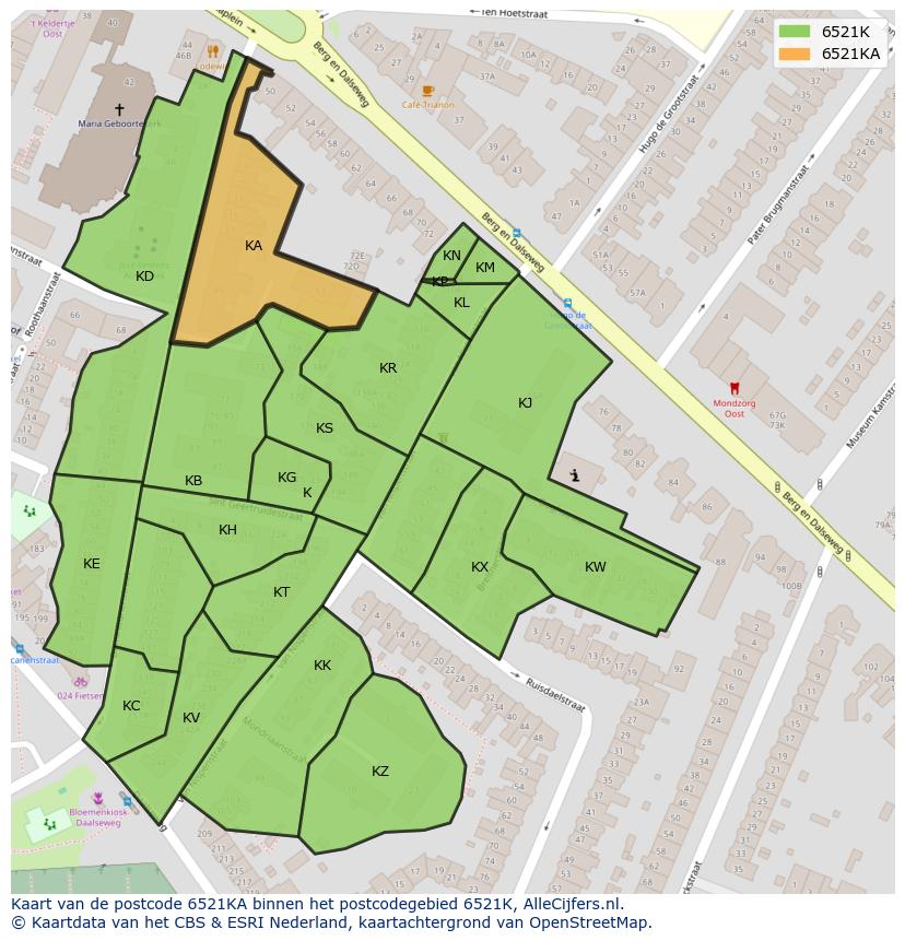 Afbeelding van het postcodegebied 6521 KA op de kaart.