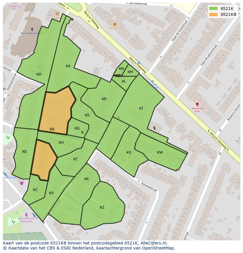 Afbeelding van het postcodegebied 6521 KB op de kaart.