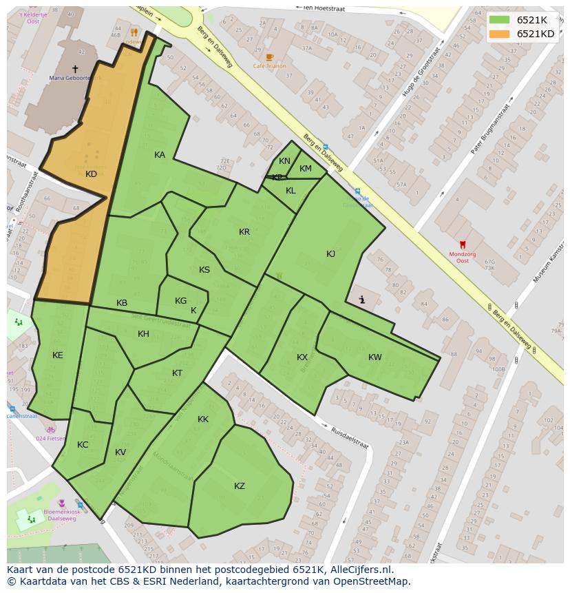 Afbeelding van het postcodegebied 6521 KD op de kaart.
