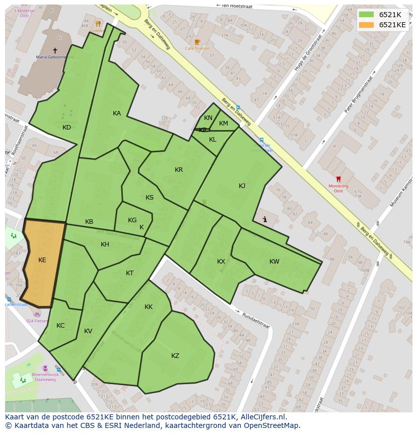 Afbeelding van het postcodegebied 6521 KE op de kaart.