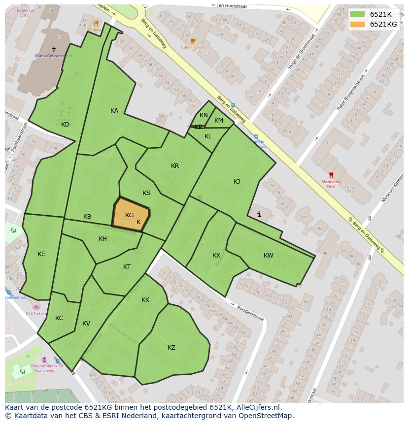 Afbeelding van het postcodegebied 6521 KG op de kaart.