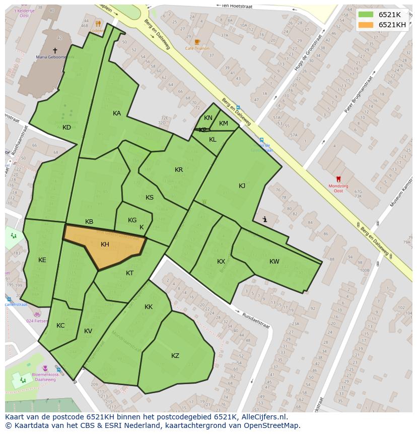 Afbeelding van het postcodegebied 6521 KH op de kaart.