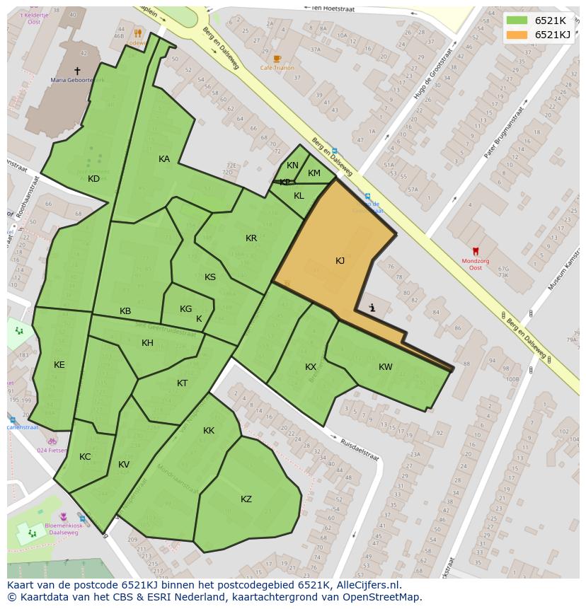 Afbeelding van het postcodegebied 6521 KJ op de kaart.