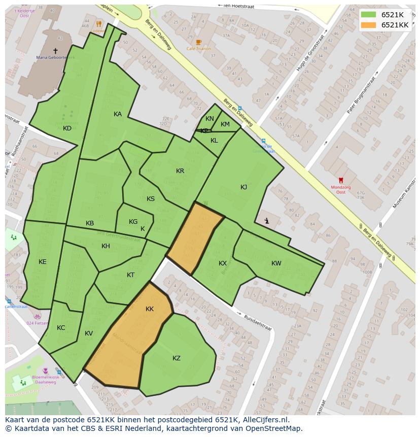 Afbeelding van het postcodegebied 6521 KK op de kaart.