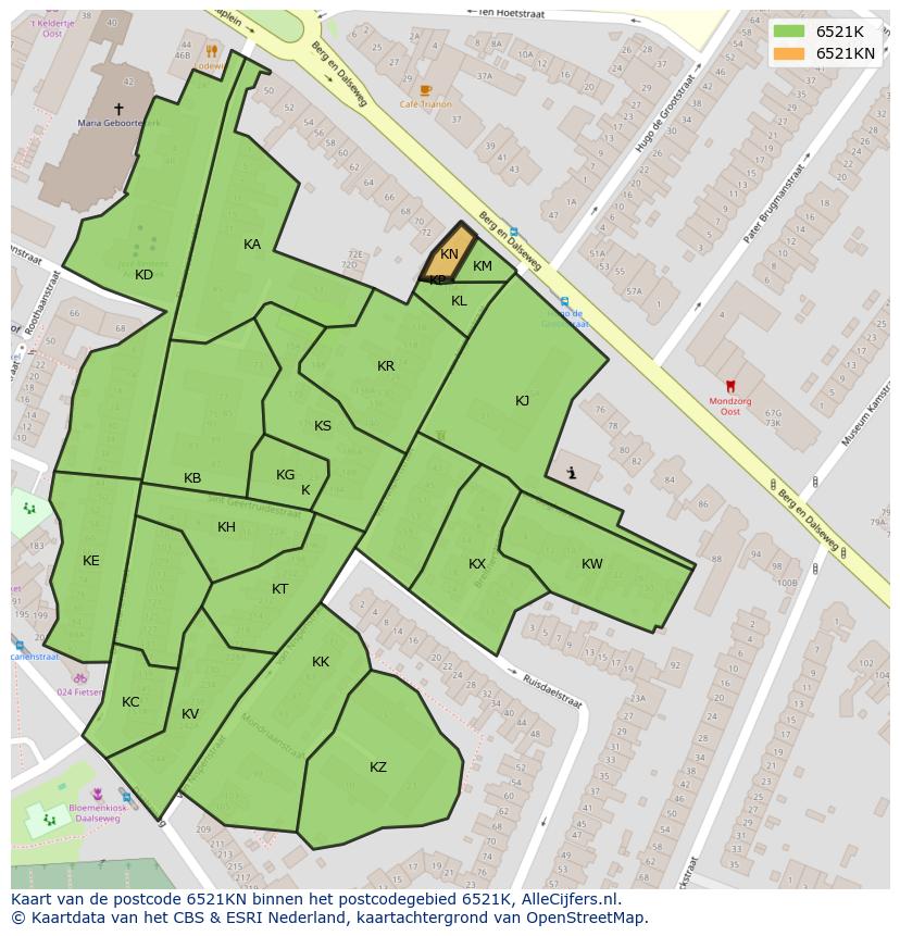 Afbeelding van het postcodegebied 6521 KN op de kaart.