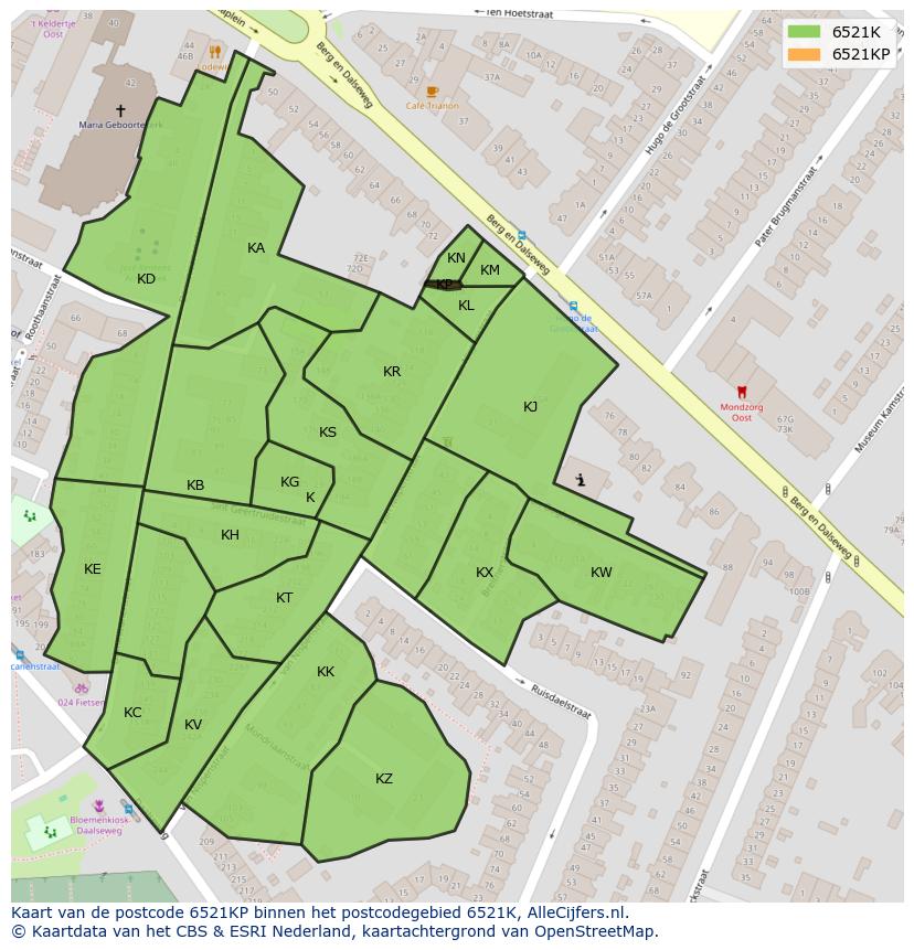 Afbeelding van het postcodegebied 6521 KP op de kaart.