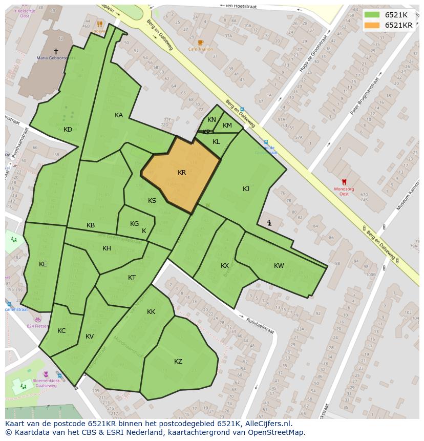 Afbeelding van het postcodegebied 6521 KR op de kaart.