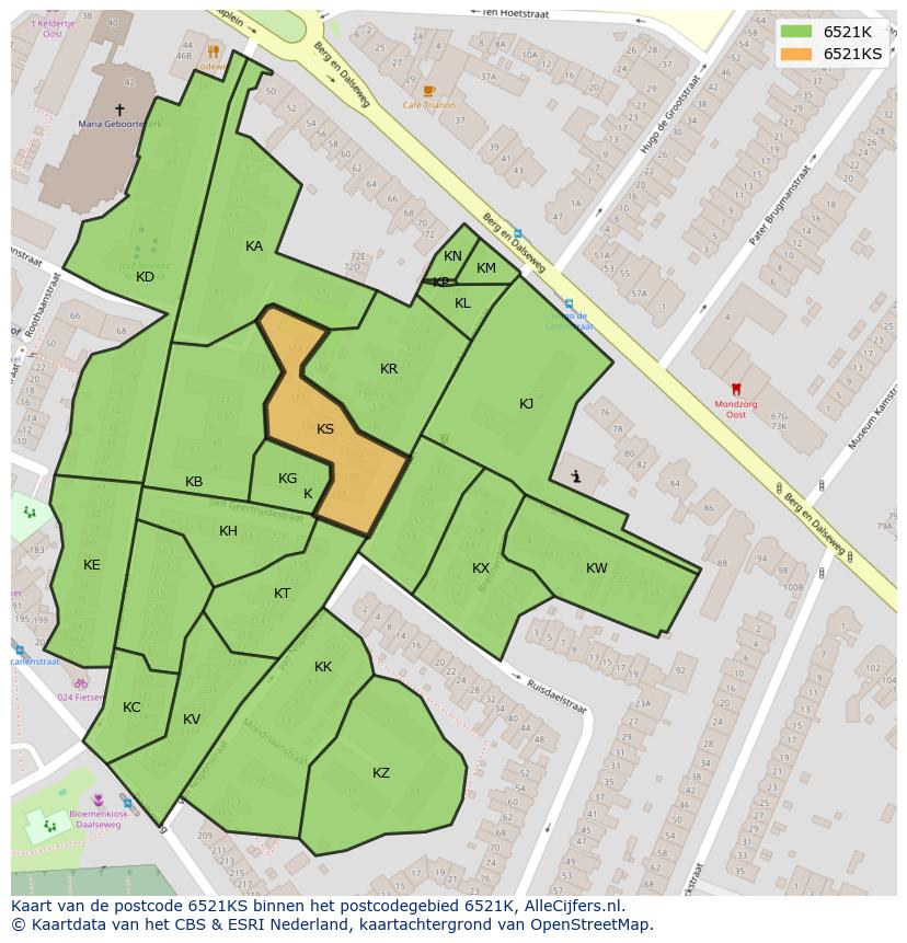 Afbeelding van het postcodegebied 6521 KS op de kaart.