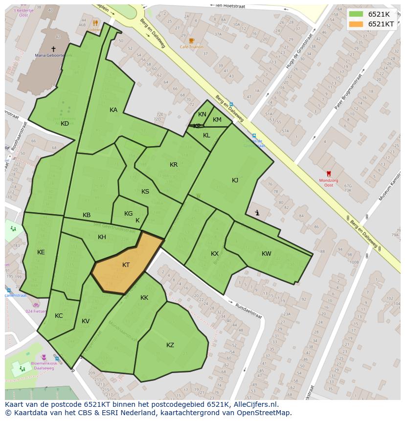Afbeelding van het postcodegebied 6521 KT op de kaart.