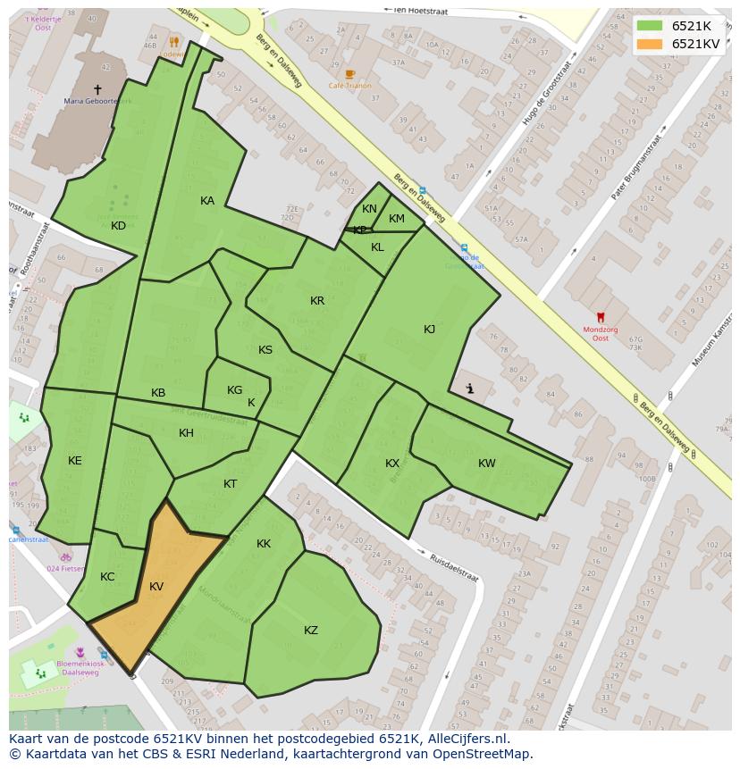 Afbeelding van het postcodegebied 6521 KV op de kaart.