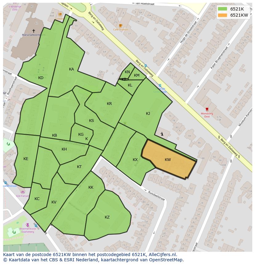 Afbeelding van het postcodegebied 6521 KW op de kaart.