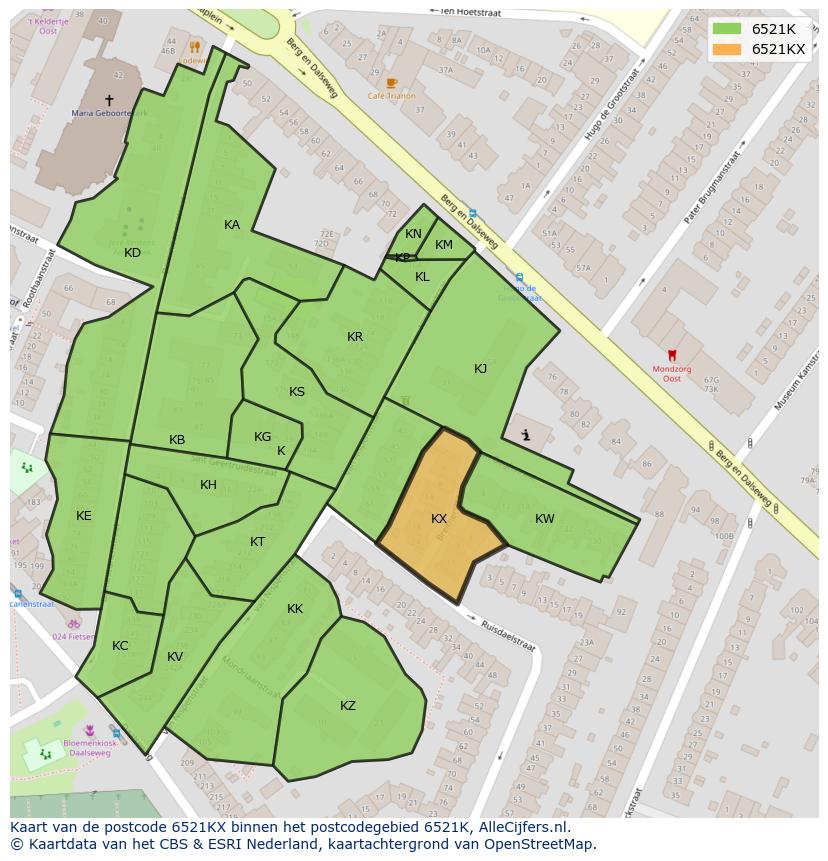 Afbeelding van het postcodegebied 6521 KX op de kaart.