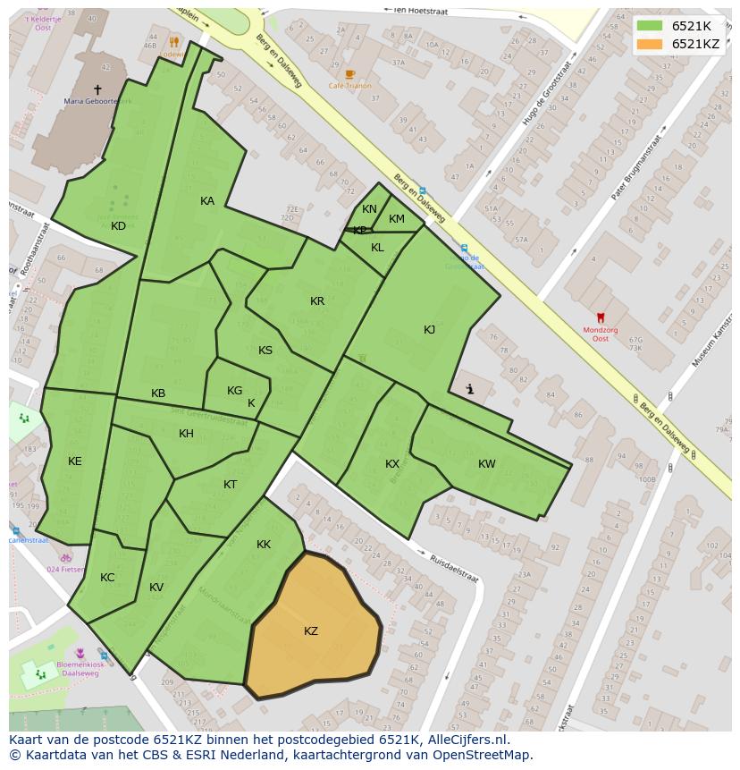 Afbeelding van het postcodegebied 6521 KZ op de kaart.
