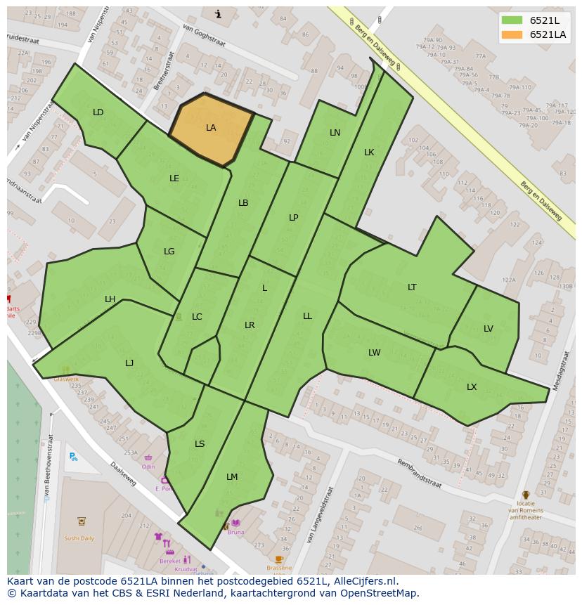 Afbeelding van het postcodegebied 6521 LA op de kaart.