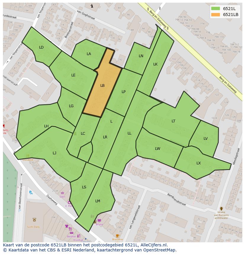 Afbeelding van het postcodegebied 6521 LB op de kaart.