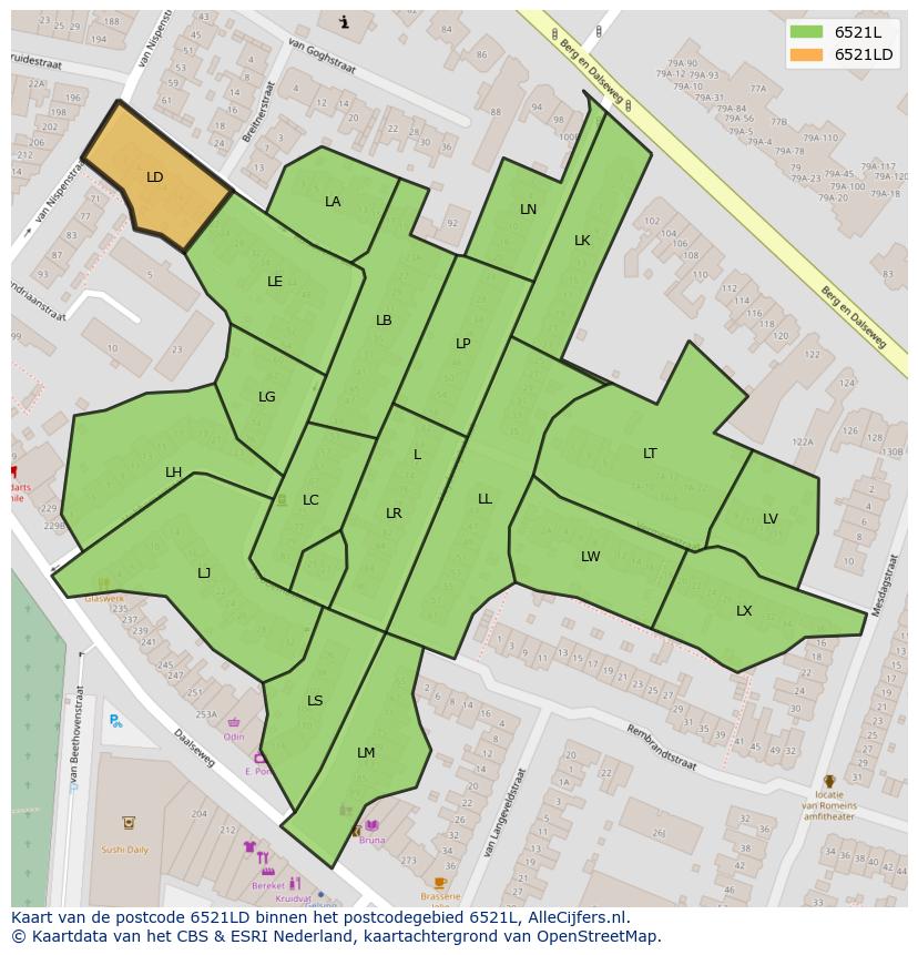 Afbeelding van het postcodegebied 6521 LD op de kaart.