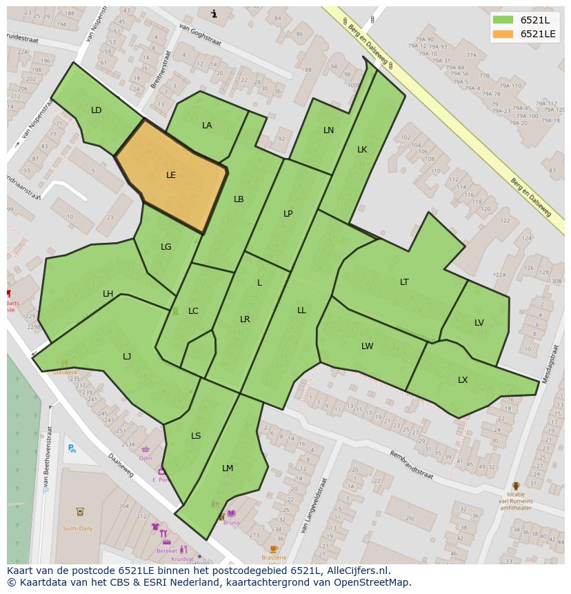 Afbeelding van het postcodegebied 6521 LE op de kaart.