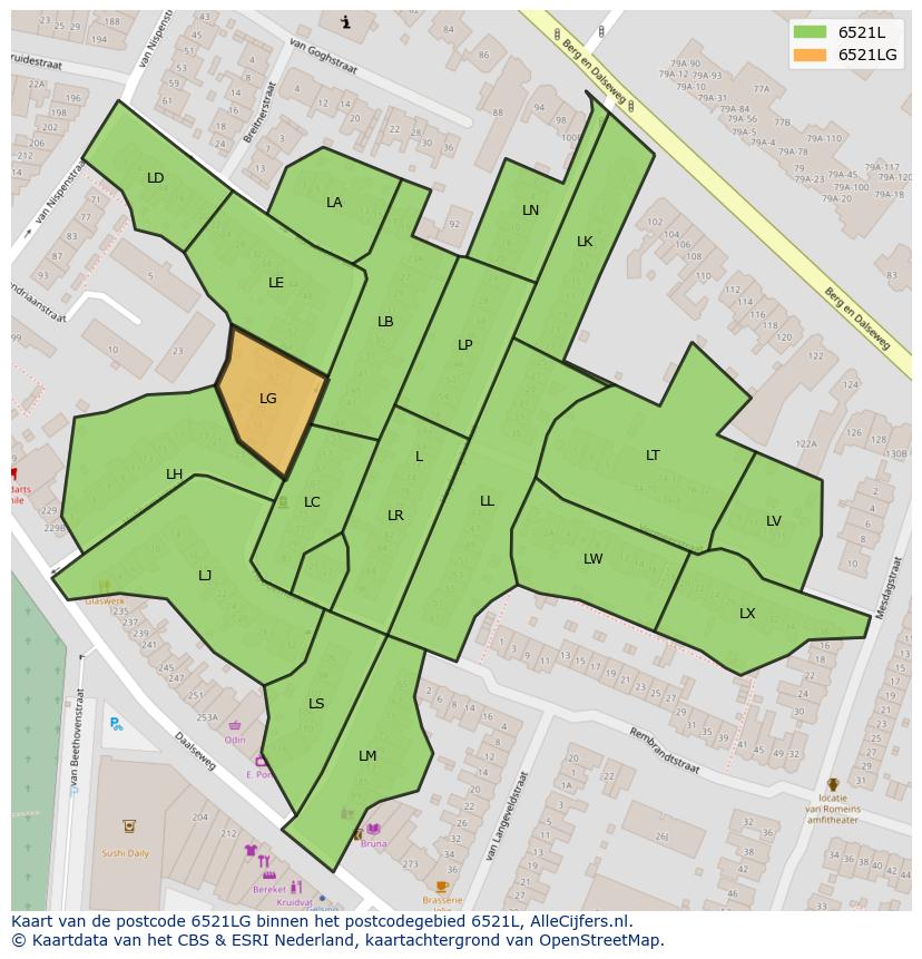 Afbeelding van het postcodegebied 6521 LG op de kaart.
