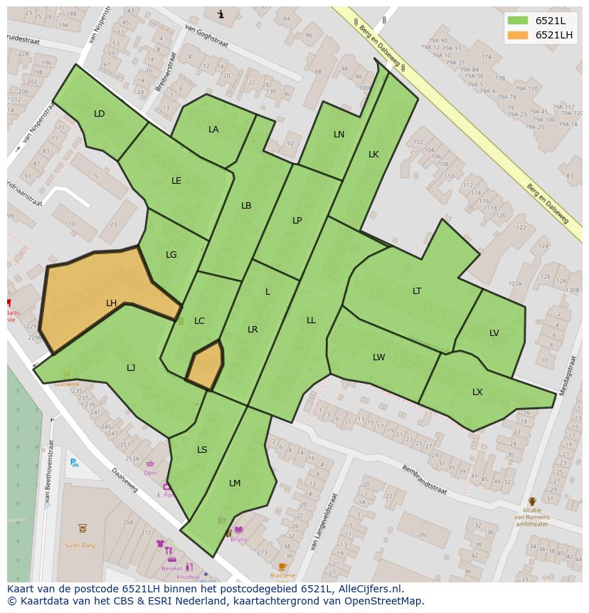 Afbeelding van het postcodegebied 6521 LH op de kaart.