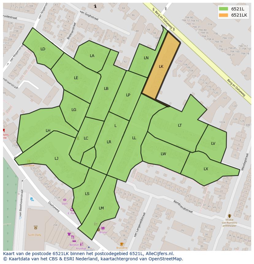 Afbeelding van het postcodegebied 6521 LK op de kaart.