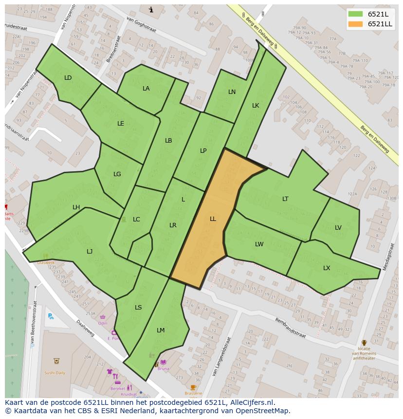 Afbeelding van het postcodegebied 6521 LL op de kaart.