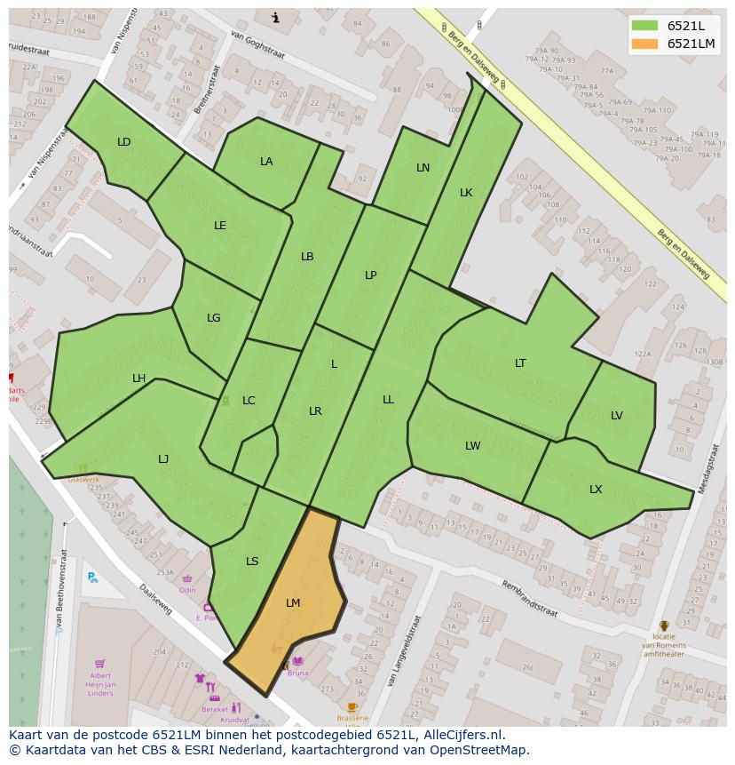 Afbeelding van het postcodegebied 6521 LM op de kaart.