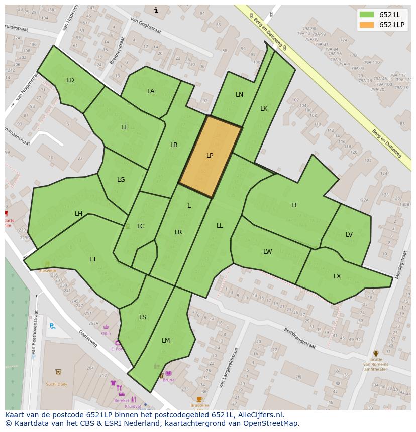 Afbeelding van het postcodegebied 6521 LP op de kaart.