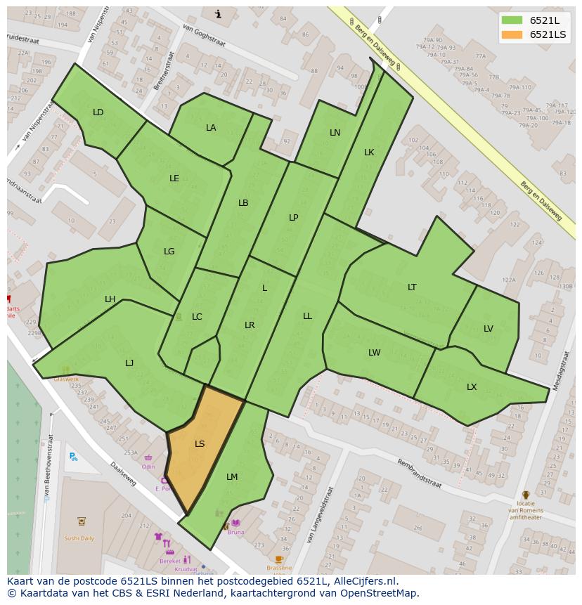 Afbeelding van het postcodegebied 6521 LS op de kaart.
