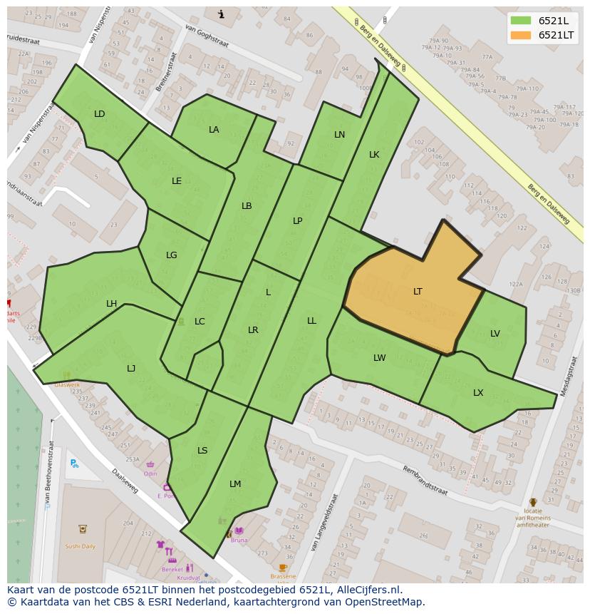 Afbeelding van het postcodegebied 6521 LT op de kaart.
