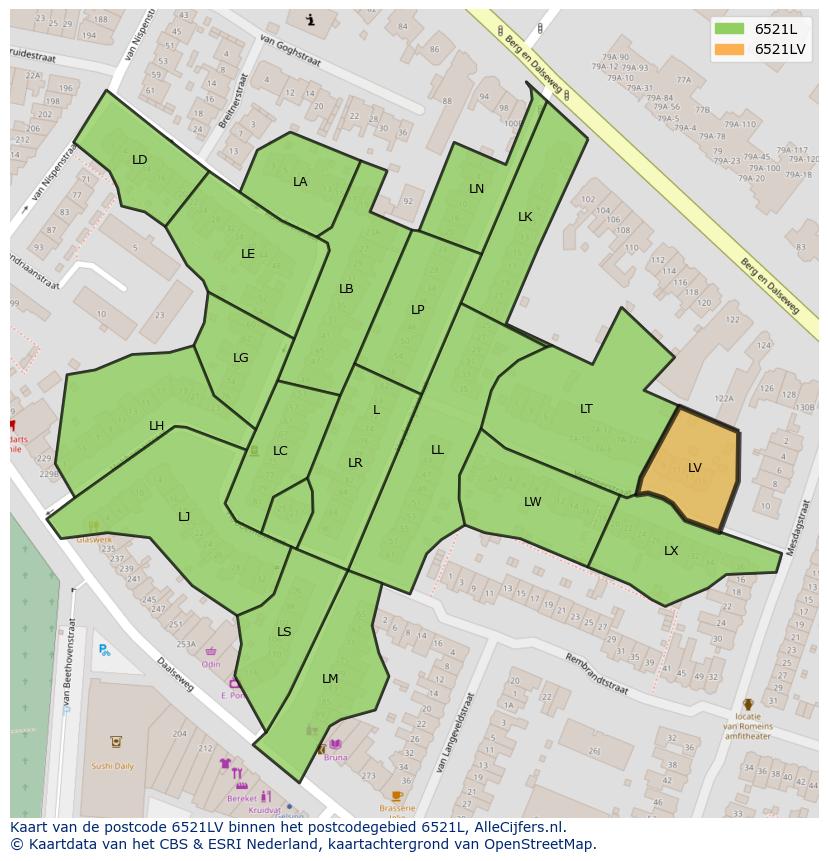 Afbeelding van het postcodegebied 6521 LV op de kaart.