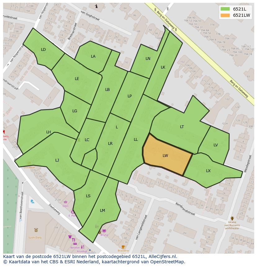 Afbeelding van het postcodegebied 6521 LW op de kaart.