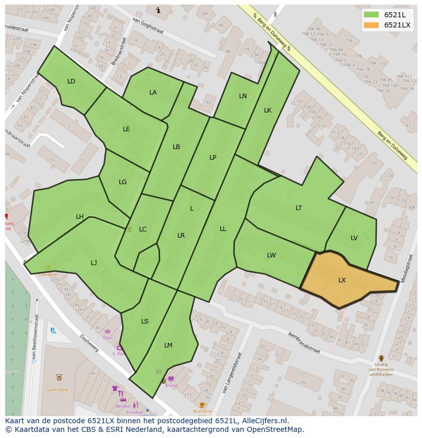 Afbeelding van het postcodegebied 6521 LX op de kaart.