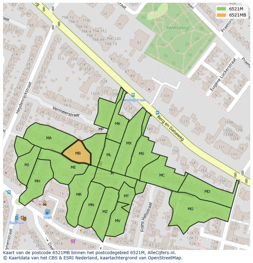 Afbeelding van het postcodegebied 6521 MB op de kaart.