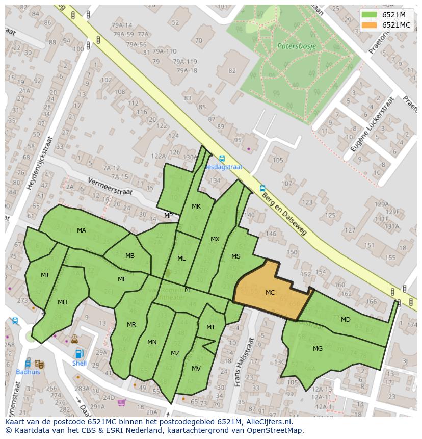 Afbeelding van het postcodegebied 6521 MC op de kaart.