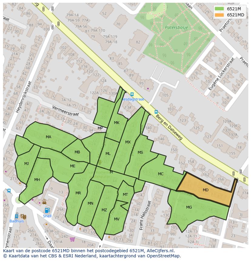 Afbeelding van het postcodegebied 6521 MD op de kaart.