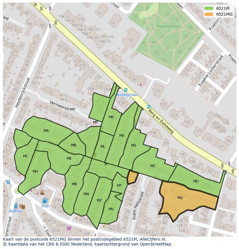 Afbeelding van het postcodegebied 6521 MG op de kaart.