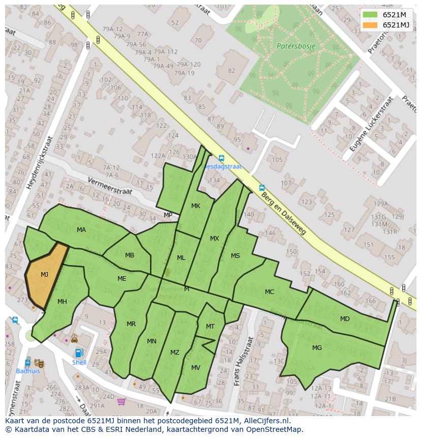 Afbeelding van het postcodegebied 6521 MJ op de kaart.
