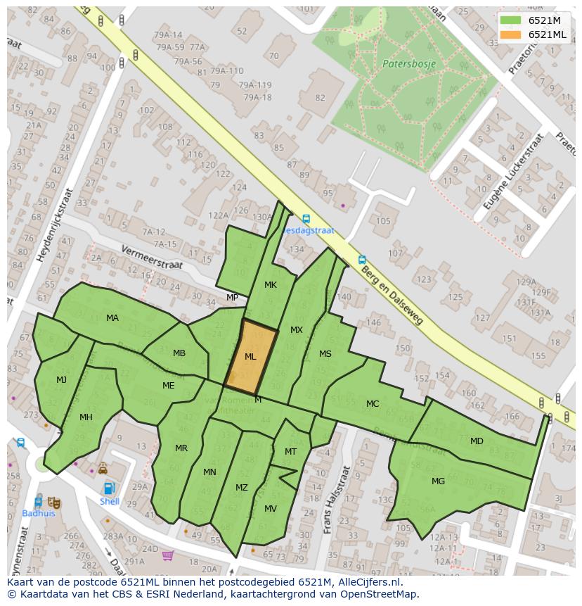 Afbeelding van het postcodegebied 6521 ML op de kaart.
