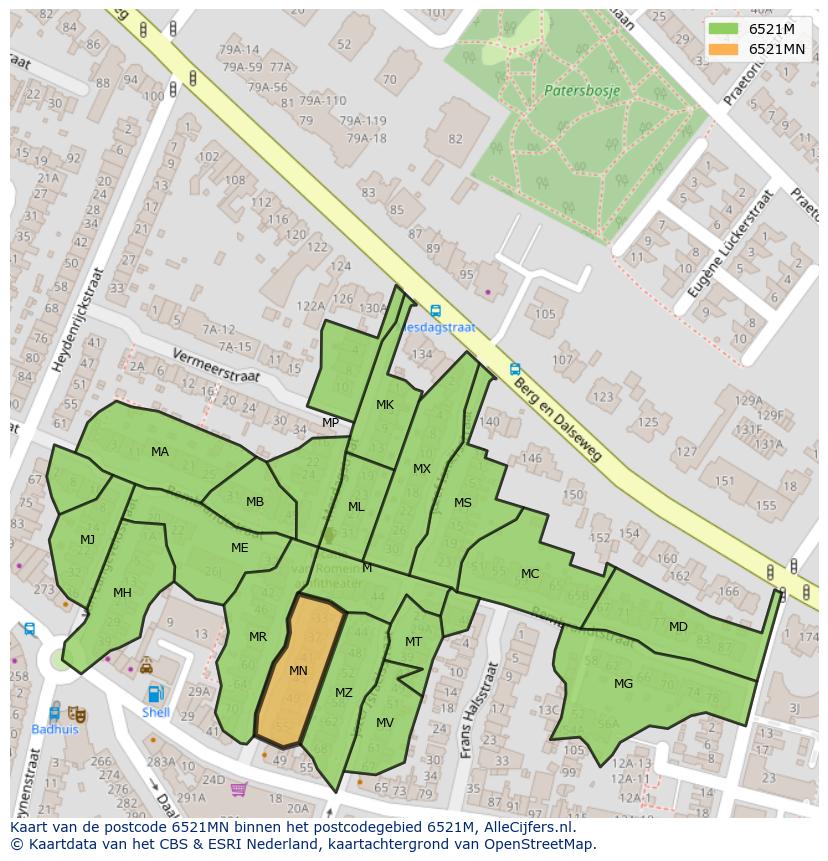 Afbeelding van het postcodegebied 6521 MN op de kaart.