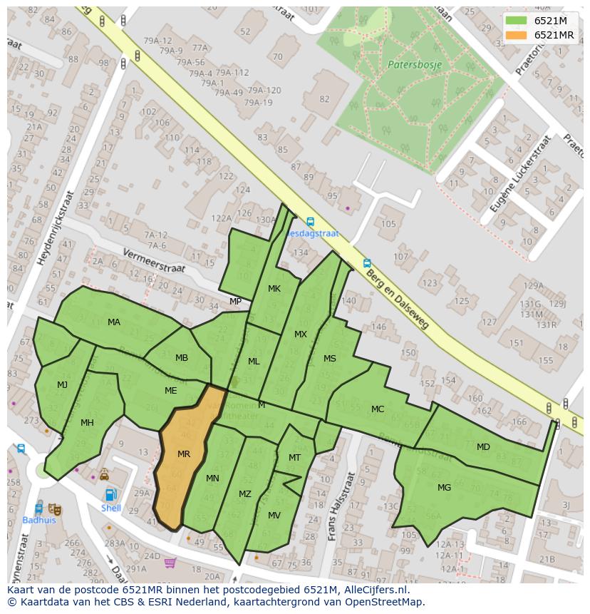 Afbeelding van het postcodegebied 6521 MR op de kaart.
