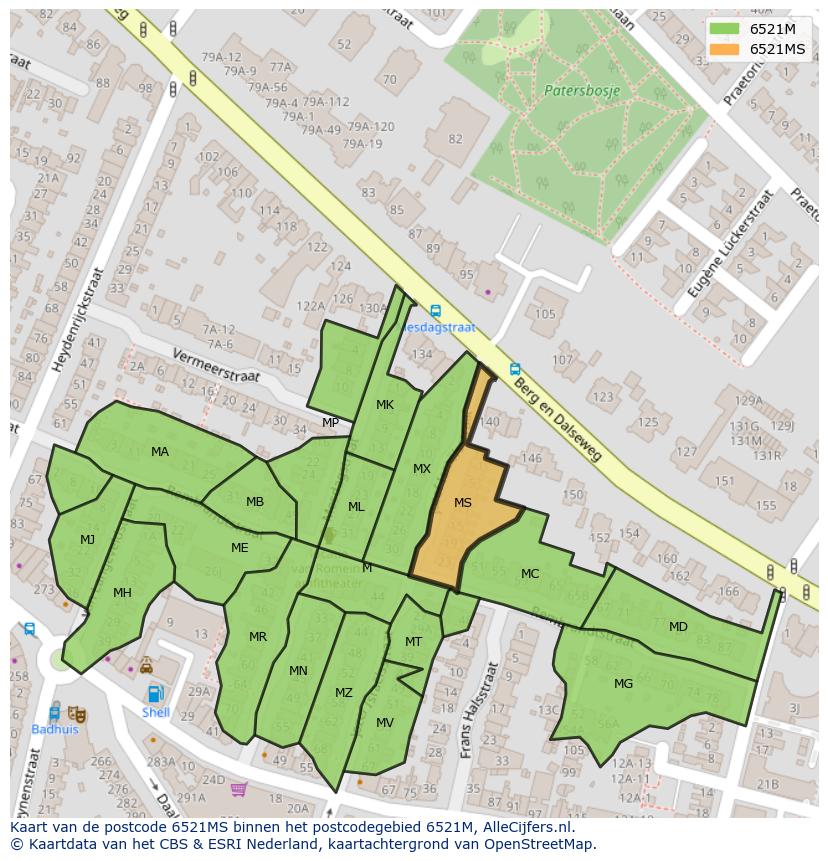 Afbeelding van het postcodegebied 6521 MS op de kaart.
