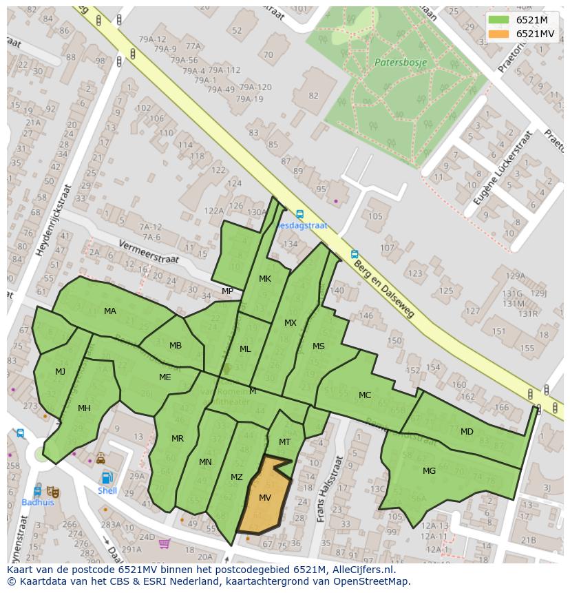 Afbeelding van het postcodegebied 6521 MV op de kaart.