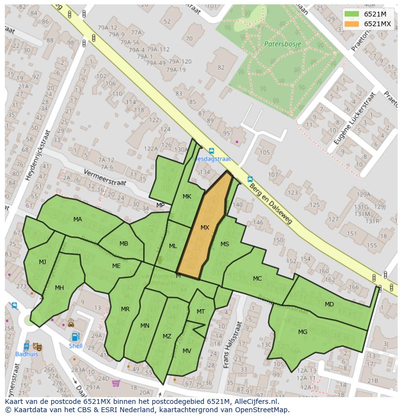 Afbeelding van het postcodegebied 6521 MX op de kaart.