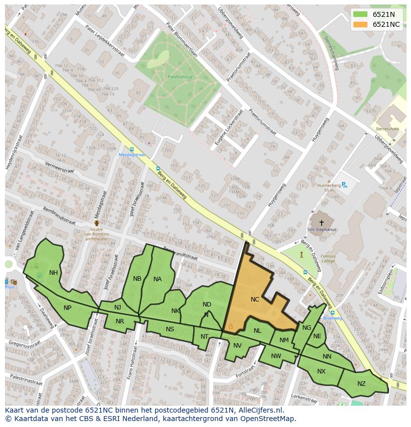 Afbeelding van het postcodegebied 6521 NC op de kaart.