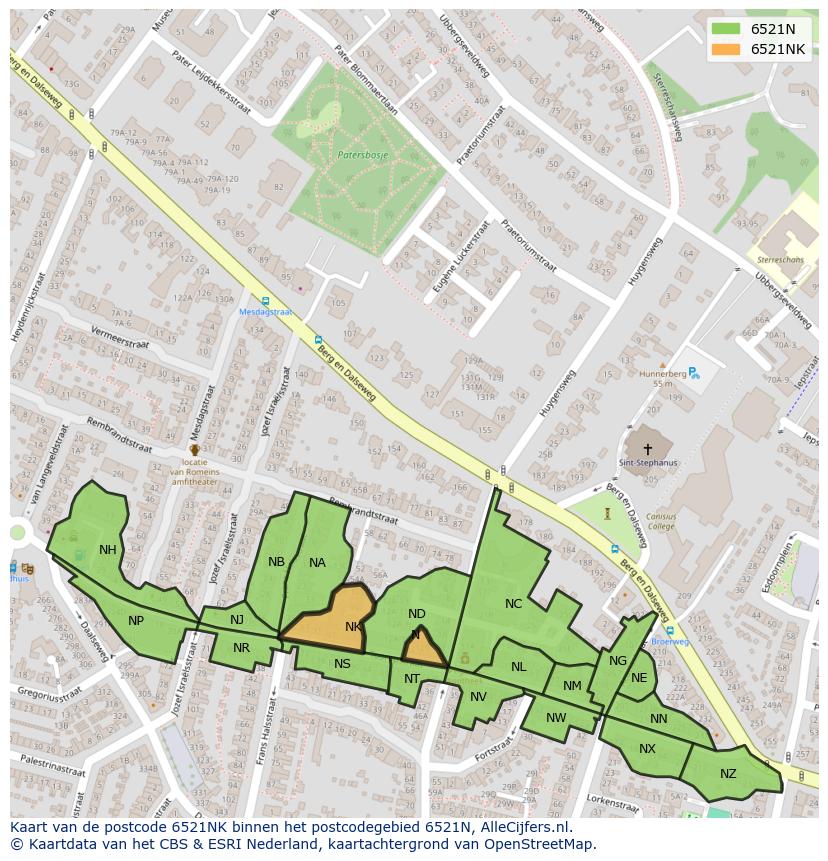 Afbeelding van het postcodegebied 6521 NK op de kaart.