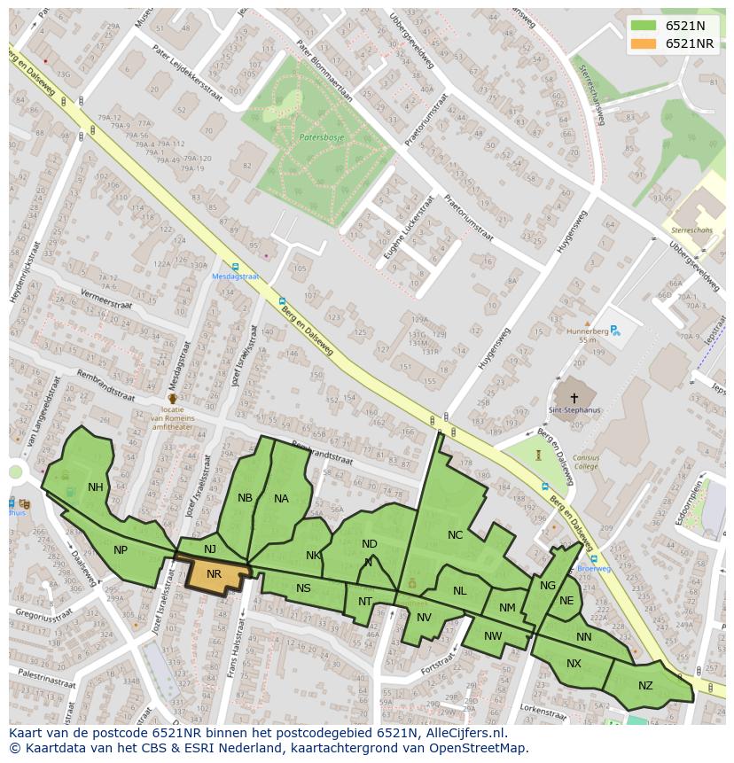 Afbeelding van het postcodegebied 6521 NR op de kaart.