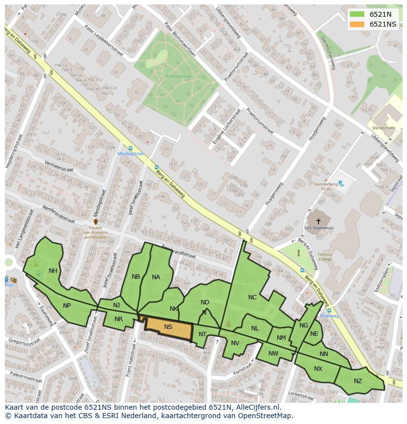 Afbeelding van het postcodegebied 6521 NS op de kaart.