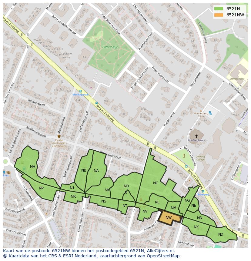 Afbeelding van het postcodegebied 6521 NW op de kaart.